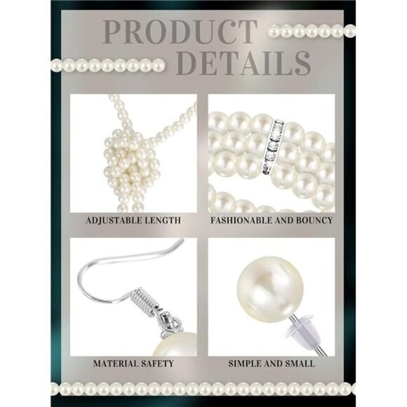 Vintage Pearl Rhinestone Jewelry Set for Women Pearl Necklace Bracelet Earrings - Picture 5 of 6